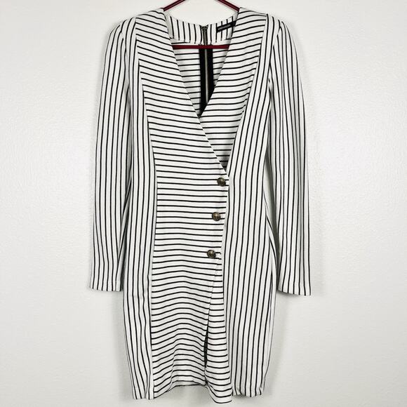 Karen Millen Military Striped Black & White Stretch Knit Wrap Pencil Dress US 6 Karen Millen Military Striped Black & White Stretch Knit Wrap Pencil Dress US 6